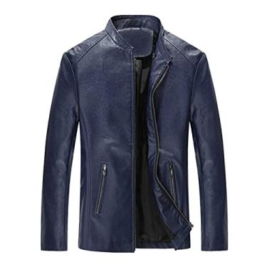 Imagem de Casacos de couro masculinos moda jaqueta bomber gola alta com zíper completo leve ajuste fino manga longa inverno (Color : Blue, Size : M)