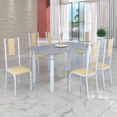Imagem de Conjunto Sala de Jantar Bahia Mesa Tubo 140x75cm Tampo Pedra Granito com 6 Cadeiras Creme/Branco