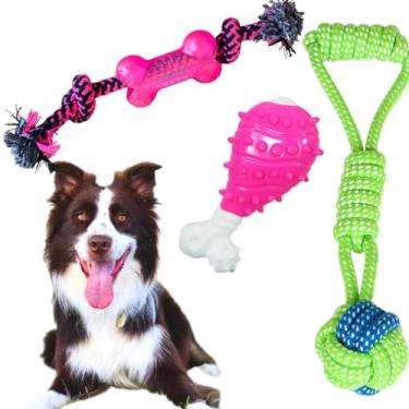 Imagem de Kit 3 Brinquedos Pet Para Cachorros Mordedor Osso Nylon Premium Resistente Bola Corda Premium (Rosa)