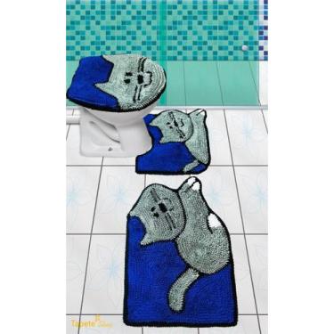 Imagem de Jogo De Tapetes Para Banheiro Gato Com Azul - 3 Peças Frufru - Tapete