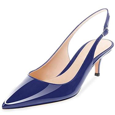 Imagem de Fericzot Sapatos femininos de salto gatinho salto fino bico fino sandália tira no tornozelo festa noite casamento stiletto sapatos, Patente azul, 8.5