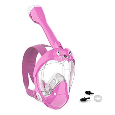 Imagem de Jwintee Máscara de snorkel de rosto inteiro para crianças, equipamento de mergulho com leão marinho para crianças, máscara de mergulho panorâmica de 180° com suporte para câmera, respiração segura, antivazamento e antiembaçamento (rosa)