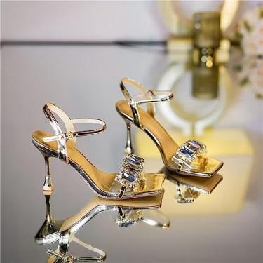 Imagem de Sandálias de salto alto prata dourado feminino verão bico quadrado brilhante sandálias femininas tiras no tornozelo salto fino sapatos de festa