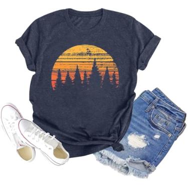 Imagem de Camiseta feminina Sunset Pine Tree, estampa retrô, estampa de sol, casual, manga curta, Azul marinho arroxeado, P