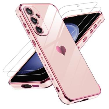 Imagem de LeYi Capa para Galaxy S23 FE 5G: com protetor de tela de vidro temperado [2 peças] + proteção completa da lente da câmera, amor coração chapeamento feminino bonito luxo macio TPU à prova de choque para Samsung S23 FE 5G, rosa