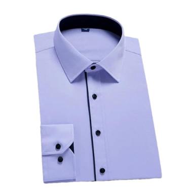 Imagem de Eesuei Camisa de trabalho masculina de manga comprida de sarja sólida básica para escritório sem bolso frontal com botão preto patchwork, H-h-15134, M