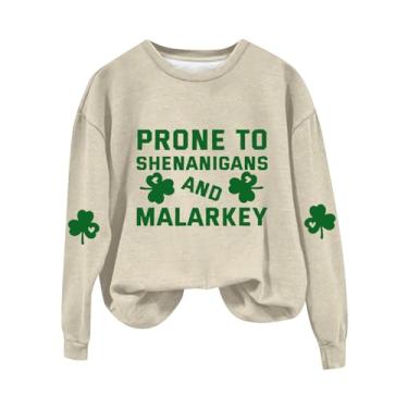 Imagem de Camiseta feminina de verão com estampa de trevo irlandês verde e manga comprida St Patricks Day Shirts, Bege, M