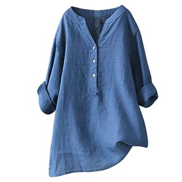 Imagem de Camiseta feminina de linho, cor sólida, plus size, Henley de manga comprida, casual, túnica, Azul, 5G