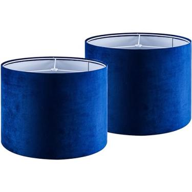 Imagem de GO&SO Abajur de tambor de veludo azul escuro 13`` Top×13`` Inferior × 10``` Alto (aranha) Abajur moderno para abajur de mesa e abajur de cabeceira abajur de substituição feito à mão - pacote com 2