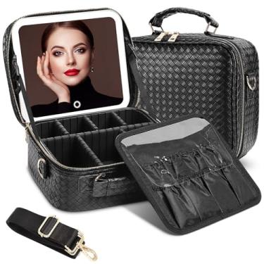 Imagem de DESCHEN Bolsa de maquiagem de viagem com espelho iluminado, bolsa organizadora de maquiagem, estojo de maquiagem portátil com 3 modos de luz e controle de toque regulável, caixa de maquiagem de couro