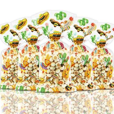 Imagem de Boerni 100 unidades de sacos de doces mexicanos Cinco de Mayo, sacos de plástico de celofane, sombrero, cacto, violão, pimenta, burro, maracas, sacos coloridos para festa com tema mexicano,
