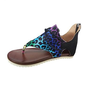 Imagem de Sandálias femininas com estampa plana e estampa de leopardo aberto para o verão, sapatos respiráveis com zíper e flores de praia, A4 multicolorido, 37 BR