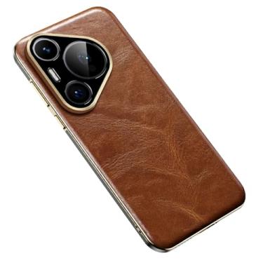 Imagem de LTLMYDAM Capa ultrafina para Huawei Pura 70 Ultra/70 Pro/70 Pro+/70, capa de couro genuíno com cera de óleo com proteção de lente galvanizada à prova de choque, capa luxuosa, latão, 70 Pro+