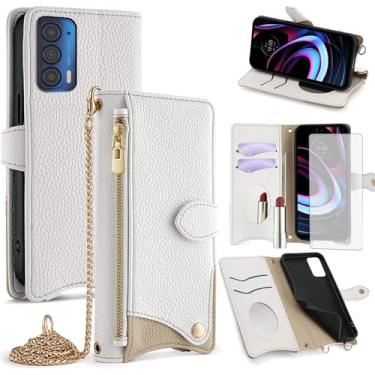 Imagem de Asuwish Capa de telefone para Motorola Moto Edge 2021/MotoEdge 5G UW 2021 capa carteira com protetor de tela de vidro temperado e capa flip espelhada com compartimento para cartão com alça transversal