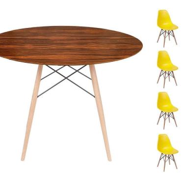 Imagem de Conjunto Mesa Eames Eiffel Dsw Redonda Pau Ferro 120cm + 4 Cadeiras Eames Dsw - Amarela