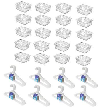Imagem de Kit 20 Cestos Organizador Pequeno 16x12x6cm + 40 Cabides Transparente 
