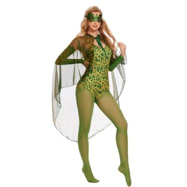 Imagem de ATAMET Halloween women's toxic villain costume, plant vine pattern full set with cloak jumpsuit cosplay (6 Pc Set(with Mask+Green cloak), XX-Large)