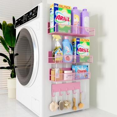 Imagem de Pacote com 4 prateleiras magnéticas para máquina de lavar, organizador magnético de lavanderia resistente com ganchos, prateleira de máquina de lavar para geladeira, cestas de armazenamento de metal