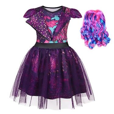 Imagem de WonderBabe Mal Costume for Girls Descendants Kids Birthday Party Supplies Outfits Popular Musical Cosplay Halloween Tulle Mesh Dress with Wig size 7 8t