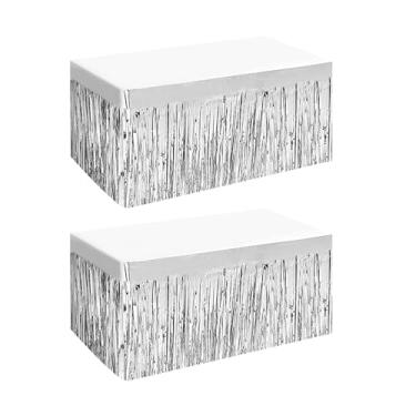 Imagem de Pacote com 2 saias de mesa descartáveis de franja metálica de 29,5 x 168 polegadas para desfile, festa de carnaval, casamento, festa de aniversário (prata)