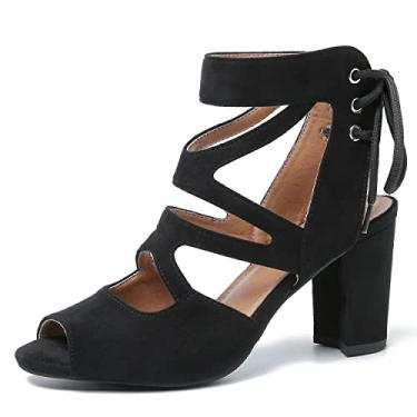 Imagem de fereshte Sandália feminina gladiadora com tiras com cadarço, vazada, salto alto grosso, Preto, 41