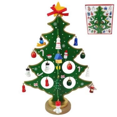 Imagem de Mini Arvore de Natal 3D Madeira com Enfeites Natalino Papai Noel Bonec