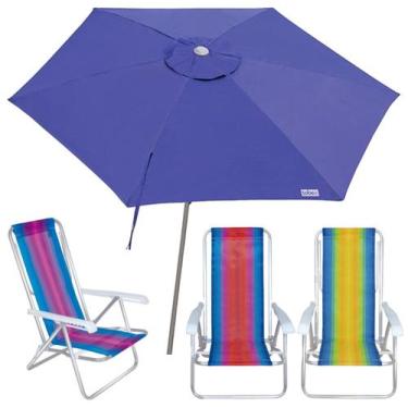 Imagem de Kit Guarda Sol Ombrelone 2,4m Malibu Azul 3 Cadeira 8 Posições Alumíni