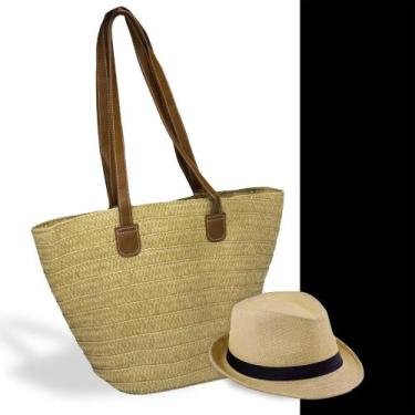 Imagem de Kit Chapéu Palha ABA CURTA Panama + Bolsa GOLD Praia Tote Alça Grande 