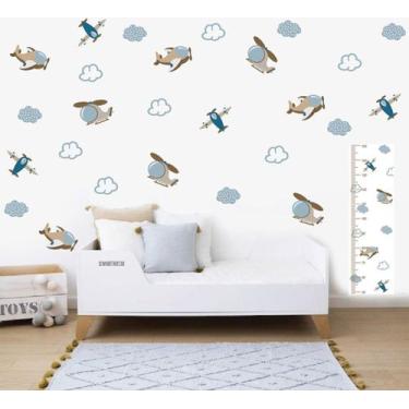Imagem de Adesivo de Parede Aviões e Nuvens com Régua de Crescimento - pinkie