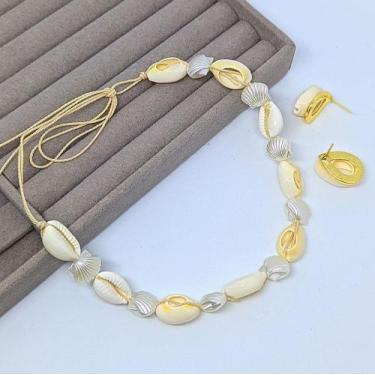 Imagem de Kit Colar Choker Feminino e Brincos Conchas praiano Pérolas Búzios est