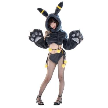 Imagem de Mobbunny Lingerie de anime cosplay preta fofa com capuz conjunto de lingerie para mulheres sutiã felpudo e calcinha roupa de casa com cauda (preto, 3X4X)