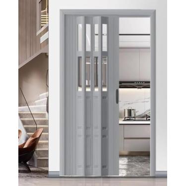 Imagem de Porta de concertina PVC e portão dobrável interno de acrílico - tamanho personalizado, porta sanfonada para armário/cozinha, porta deslizante de despensa de corredor com alça, cinza, 136 x 203 cm