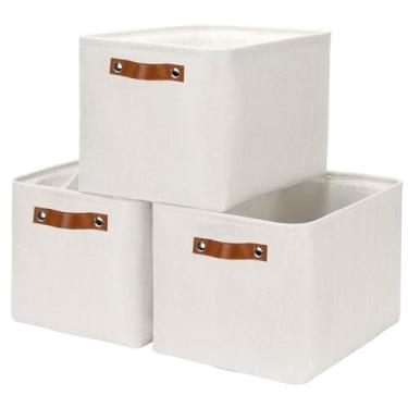 Imagem de HNZIGE Grandes Cestos de Tecido para Armazenamento para Organizar(3 Peças) Cestos de Armazenamento de Prateleira, Cesto Organizador de Brinquedos com Alças de Couro, Cestos de Arma (15" X 11" X 9,5" -
