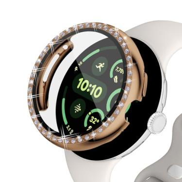 Imagem de Capa protetora de tela compatível com Google Pixel Watch 3 de 41 mm e 45 mm, capa protetora completa de policarbonato rígido com filme de vidro temperado para acessórios Pixel Watch 3 (ouro rosa, 45