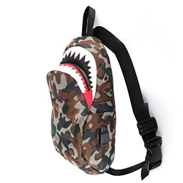 Imagem de Pochete Shark Boca, pochete de tubarão camuflada verde militar, pochete transversal, nylon premium, pochete sobre o ombro, pochete de ombro, pochete de tubarão, bolsa pequena para estilingue / peito,