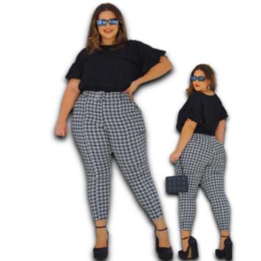 Imagem de Calça Feminina Alfaiataria Bengaline Estampa Xadrez Plus Size - Amoplu