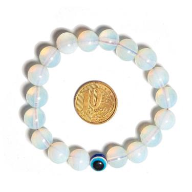Imagem de Pulseira Pedra da Lua Opalina Com Olho Grego Bolinha 10mm