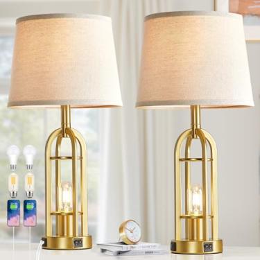 Imagem de SRJJA Conjunto De 2 Abajures Dourados Para Sala De Estar - Abajures De Fazenda Para Mesas De Cabeceira Com Usb A+C, Abajures De Cabeceira Para Quarto, Abajures Retrô De 24'' Para Mesas De Canto De S