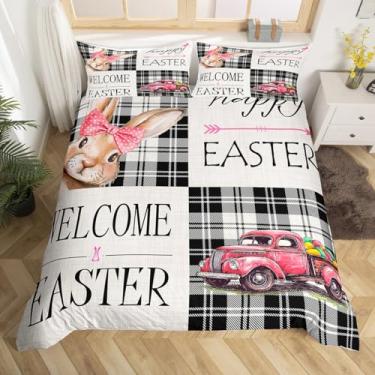 Imagem de Conjunto de capa de edredom infantil Happy Easter Queen, lindo coelho caminhão, casa de fazenda rústica, decoração de quarto de meninas e meninos, estampa geométrica, xadrez, patchwork, capa de