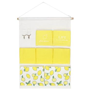 Imagem de KINGREE Bolsa de armazenamento suspensa com 7 bolsos e 2 pothook, organizador de porta de parede à prova d'água para armário de banheiro do quarto (limões)