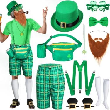 Imagem de Capoda Conjunto de 10 peças de acessórios de fantasia de Dia de São Patrício masculino, shorts de trevo, chapéu, óculos, colares, suspensórios para festa irlandesa (GG)
