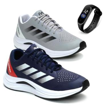 Imagem de Combo 2 Tênis Masculino Academia Esportivo Caminhada Corrida Leve Confortavel com Relógio Digital (Cinza e Azul, BR, Adulto, Numérico, 39)
