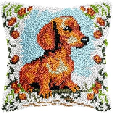 Imagem de Kits de almofadas de gancho de trinco de dachshund de flores, capa de almofada com estampa de lona impressa para sofá, artesanato, adultos, bordado de ponto cruz, kits de crochê 43 x 43 cm (128)