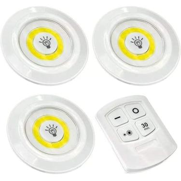 Imagem de Kit 3x Lâmpada LED Spot Sem Fio com Controle Remoto – Luz Branco Frio, Iluminação para Armário, Cozinha, Prateleira, Corredor e Ambiente Interno.