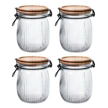Imagem de Kit 4 Pote Hermético Versalhes Vidro Com Tampa Bambu 800ml Trava Presi