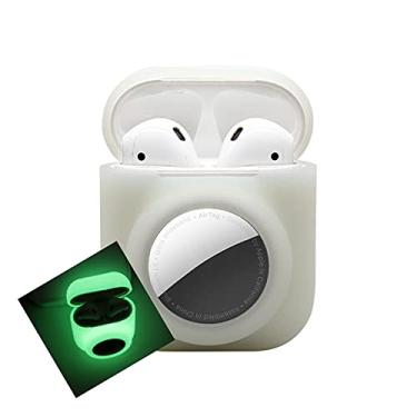 Imagem de Capa verde brilhante compatível com AirPods com suporte para AirTag, projetada para AirPods 1º segundo fones de ouvido sem fio para AirTags, capa protetora de silicone 2 em 1, macia à prova de choque