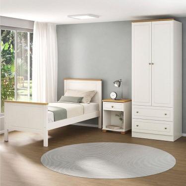 Imagem de Conjunto Cama Solteiro Guarda-Roupa 2 Portas Mesa de Cabeceira Ananda CabeCasa MadeiraMadeira Off White/Mel