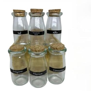 Imagem de Kit Potes para Temperos em Vidro com tampa estilo Rolha + Cartela com Etiquetas(6 Potes + Cartela)