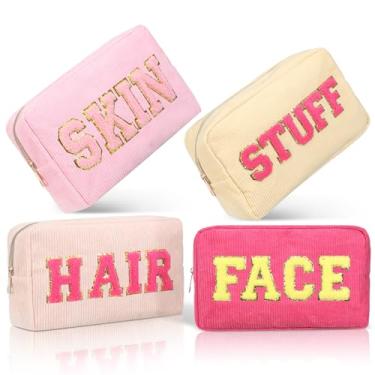Imagem de Pinkunn 4 pçs sacos de maquiagem preppy presente de natal veludo cotelê chenille carta patch bag rosto pele material cabelo saco cosmético bolsa de viagem zíper bolsa organizador de maquiagem para