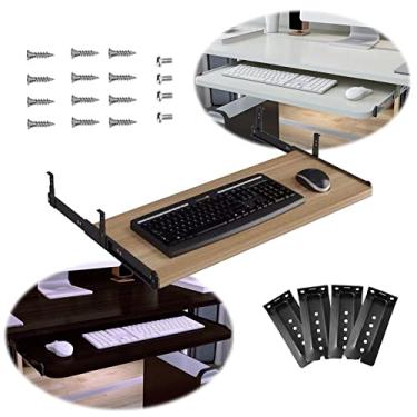 Imagem de Bandeja de teclado deslizante de madeira instalada sob a mesa teclado de computador para armazenar o teclado de rato bandeja para o braço melhora a postura alivia a fadiga muscular Re